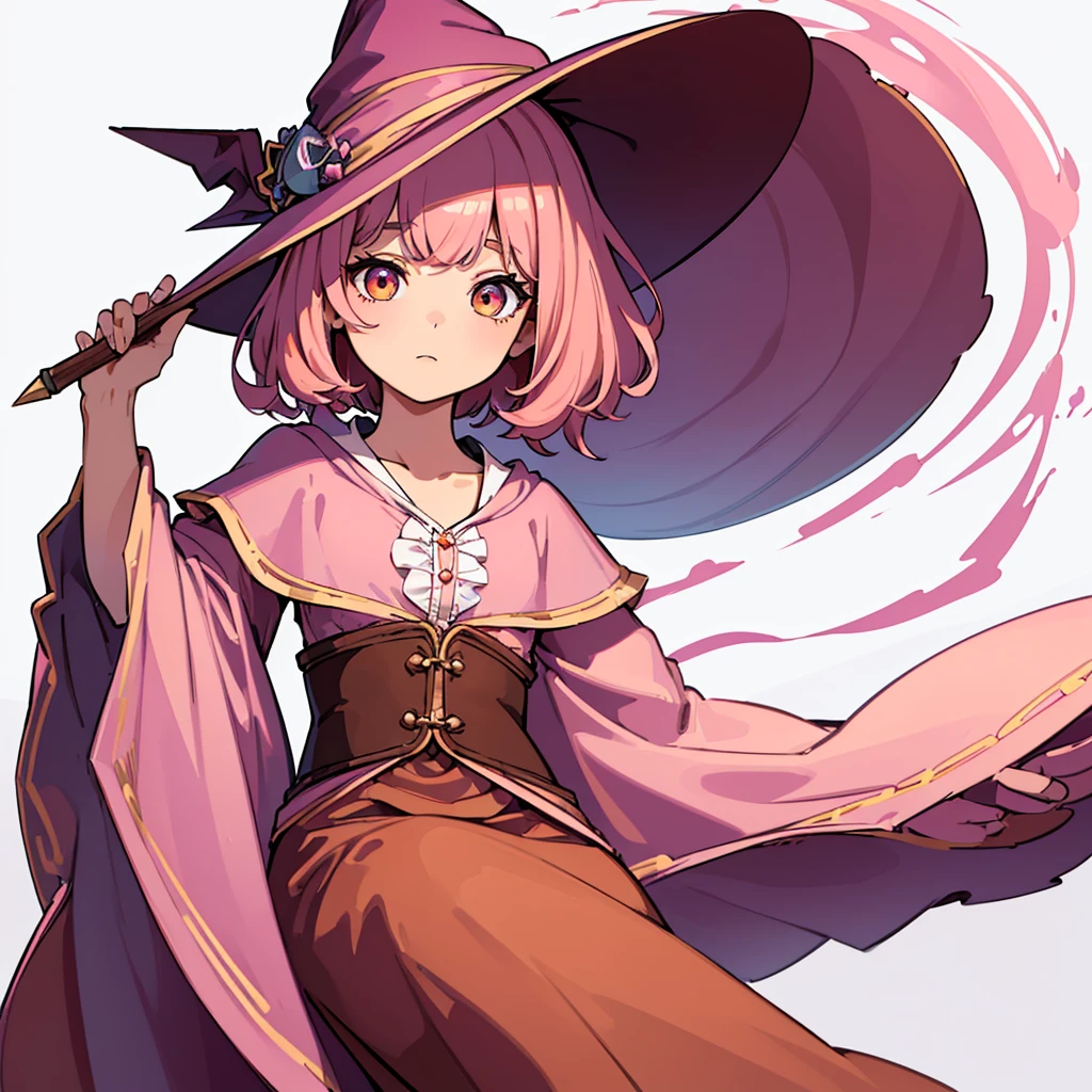 (((Solo)))、Highest quality, Best Quality,Best illustrations、(Pink Hair、Short Perm Hair、Short bangs、Align your bangs)、(Witch Hat、Brown robes)、(Grab the magic wand)、(The magic of light)、(White background)、(Mature 50 Year Old、Adult women、Red eyeshadow)、(Full body character concept、detailed)