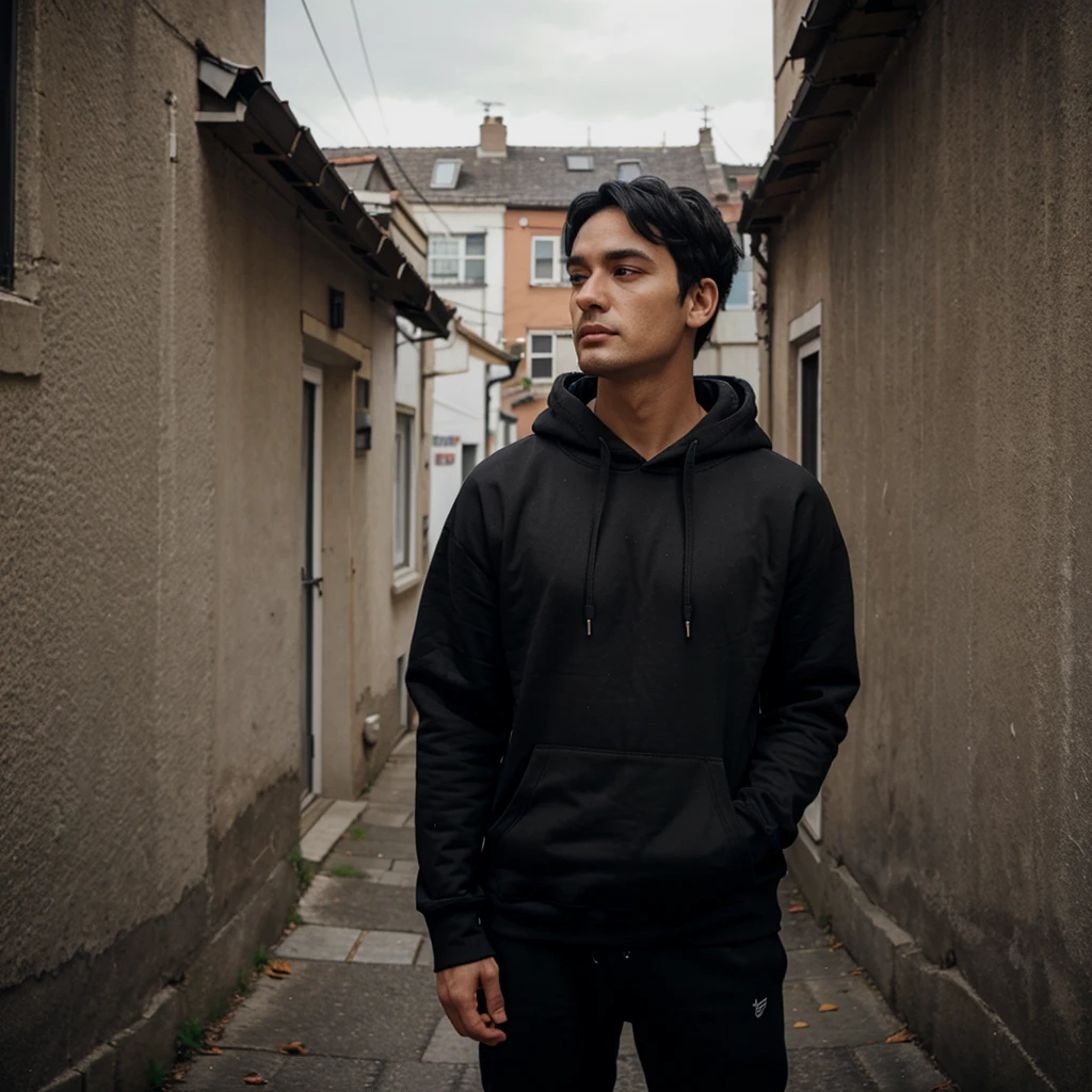 Man wearing black hoodie, black pants, black hair, looking up