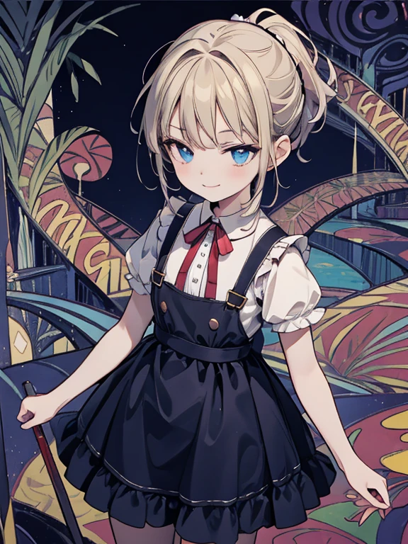 masterpiece, Highest quality, Very detailed, 16K, Ultra-high resolution, Cowboy Shot, Alice in Wonderland, (fauvism:1.4), ****************, Detailed face, smile, blue eyes, blonde, Braiding, Long Hair, ponytail, Ribbon on head, Blue clothes, Plain white apron, 大きなclockのある部屋で, clock, 壁clock, Music Box