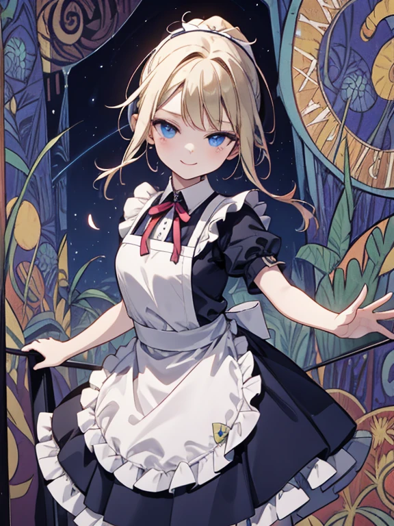 masterpiece, Highest quality, Very detailed, 16K, Ultra-high resolution, Cowboy Shot, Alice in Wonderland, (fauvism:1.4), 10-year-old girl, Detailed face, smile, blue eyes, blonde, Braiding, Long Hair, ponytail, Ribbon on head, Blue clothes, Plain white apron, 大きなclockのある部屋で, clock, 壁clock, Music Box