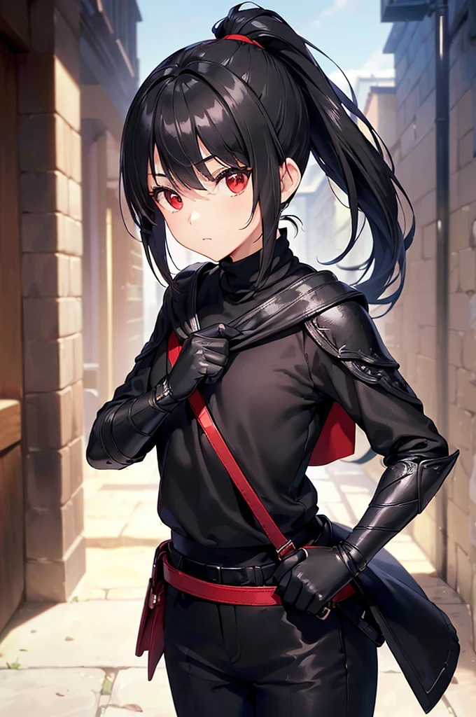 (masterpiece; best quality: 1.2), (finely detailed eyes: 1.3), ((10 year old female kid)), ((solo)), (red eyes: 1.4), (body; short, slender: 1.3), (black hair in ponytail: 1.3), (beautiful and clear background: 1.2), ((depth of field)), (clothes: assassin attire + black turtleneck + black pants + small black cape + black gloves + light armor + satchel: 1.3), (anime illustration: 1.2), (background; medieval alleyway: 1.1), (extremely fine and beautiful: 1.1), (shot composition; standing + centered on torso + close-up: 1.5), (expression; calm, stoic: 1.2)