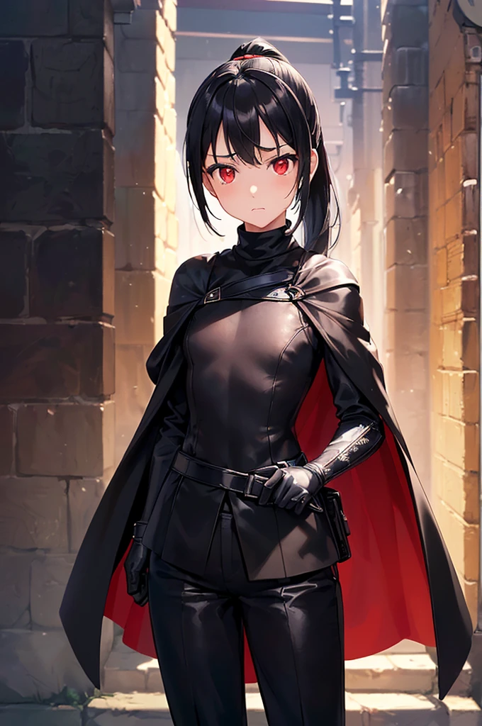 (masterpiece; best quality: 1.2), (finely detailed eyes: 1.3), ((10 year old female ???)), ((solo)), (red eyes: 1.4), (body; short, slender: 1.3), (black hair in ponytail: 1.3), (beautiful and clear background: 1.2), ((depth of field)), (clothes: assassin attire + black turtleneck + black pants + small black cape + black gloves + light armor + satchel: 1.3), (anime illustration: 1.2), (background; medieval alleyway: 1.1), (extremely fine and beautiful: 1.1), (shot composition; standing + centered on torso + close-up: 1.5), (expression; calm, stoic: 1.2)