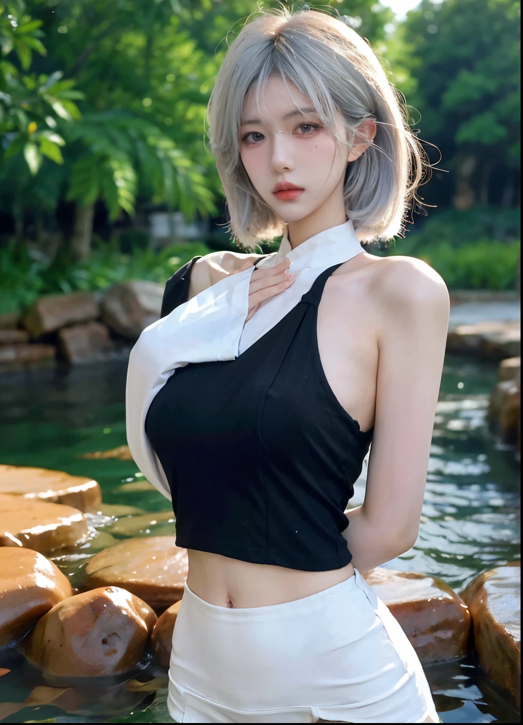 Beautiful woman with perfect figure:1.4,Ultra-high resolution,Put your hands behind your back,Swimming background,(Realism:1.4),perspective,Layered hairstyle,Snow white skin,JK:1.5,Super short pleated skirt,whole body:1.4,Very delicate and skin texture,Double eyelids,Skin Whitening,Long hair,White hair