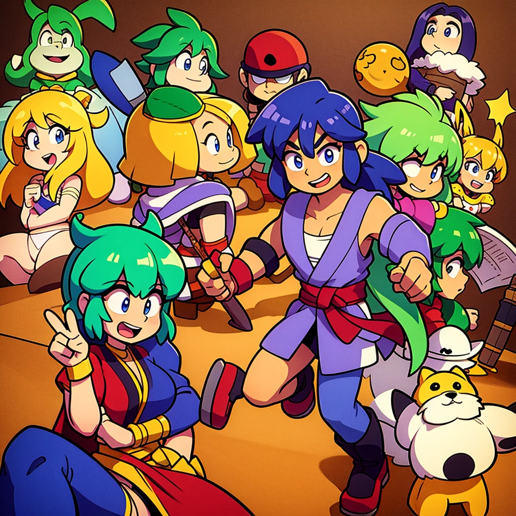 [gangstar] the hero charging ki of power. along with his 7 beautiful warriors. with divine weapons in the form of musical instruments. in a desert. 