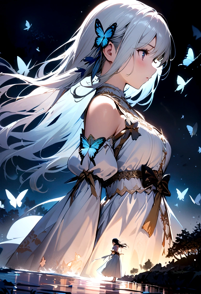 The original, (masterpiece), (illustration), (Extremely beautiful), (Perfect details), (Unity CG 8K Wallpaper:1.05), (Beautiful clear background:1.25), (Depth of Field:0.7),1 Girl,huanxiaoyi , (Standing by the river:1.15).(Hair blowing in the wind:1.1),Butterflies flying around, (moonlight:0.6), Tree, (summer), (night:1.2), (close up:0.35), (Gloves:0.8), Solitary ,