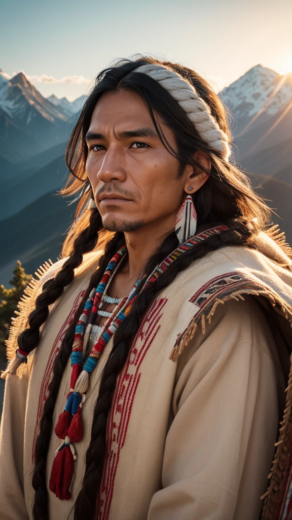 Native american man, detai face, traditional cloth, highly detail, hyper realistic, sharp focus, mountain backgtound, evening sunshine, photo realistic, close-up,