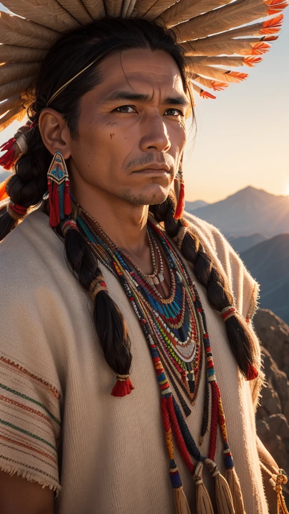 Native american man, detai face, traditional cloth, highly detail, hyper realistic, sharp focus, mountain backgtound, evening sunshine, photo realistic, close-up,