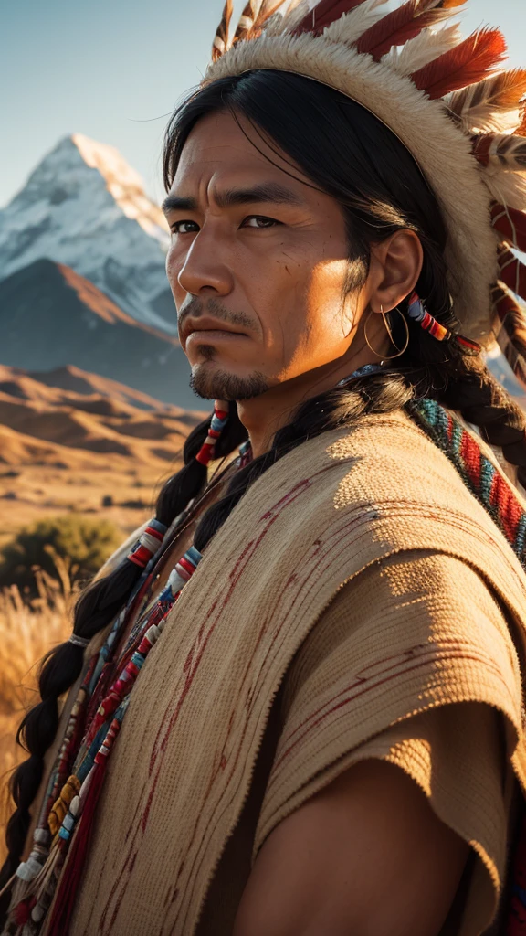 Native american man, detai face, traditional cloth, highly detail, hyper realistic, sharp focus, mountain backgtound, evening sunshine, photo realistic, close-up,
