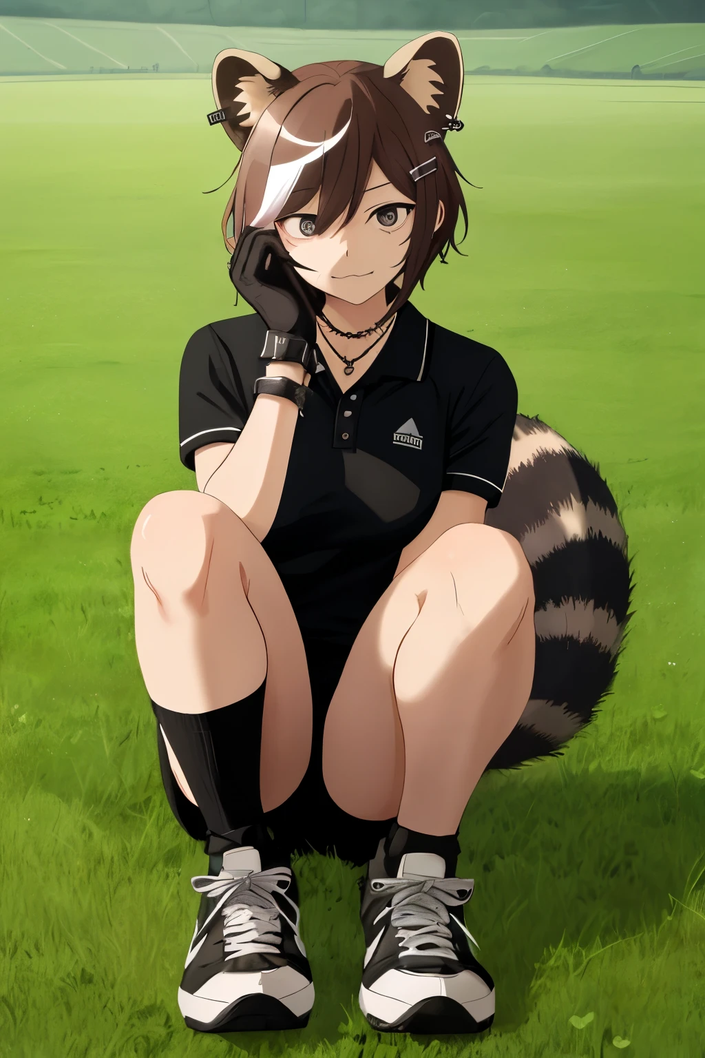 absurd resolution, high resolution, (Masterpiece), hyperdetailed, fantastic field, pink landscape, 1 age woman, 14 years, short stature, Brown hair, messy and short, He has a big white streak in his hair., hair clips, black eyes, scars and scratches all over the body , Black polo with gradient, long gloves, a black leather necklace, Short black shorts, raccoon ears, raccoon tail, innocent expression, sitting on the grass, huge black sneakers, Claws and Fangs, ear piercings, BRACELET, Emo, she doesn't have breasts.