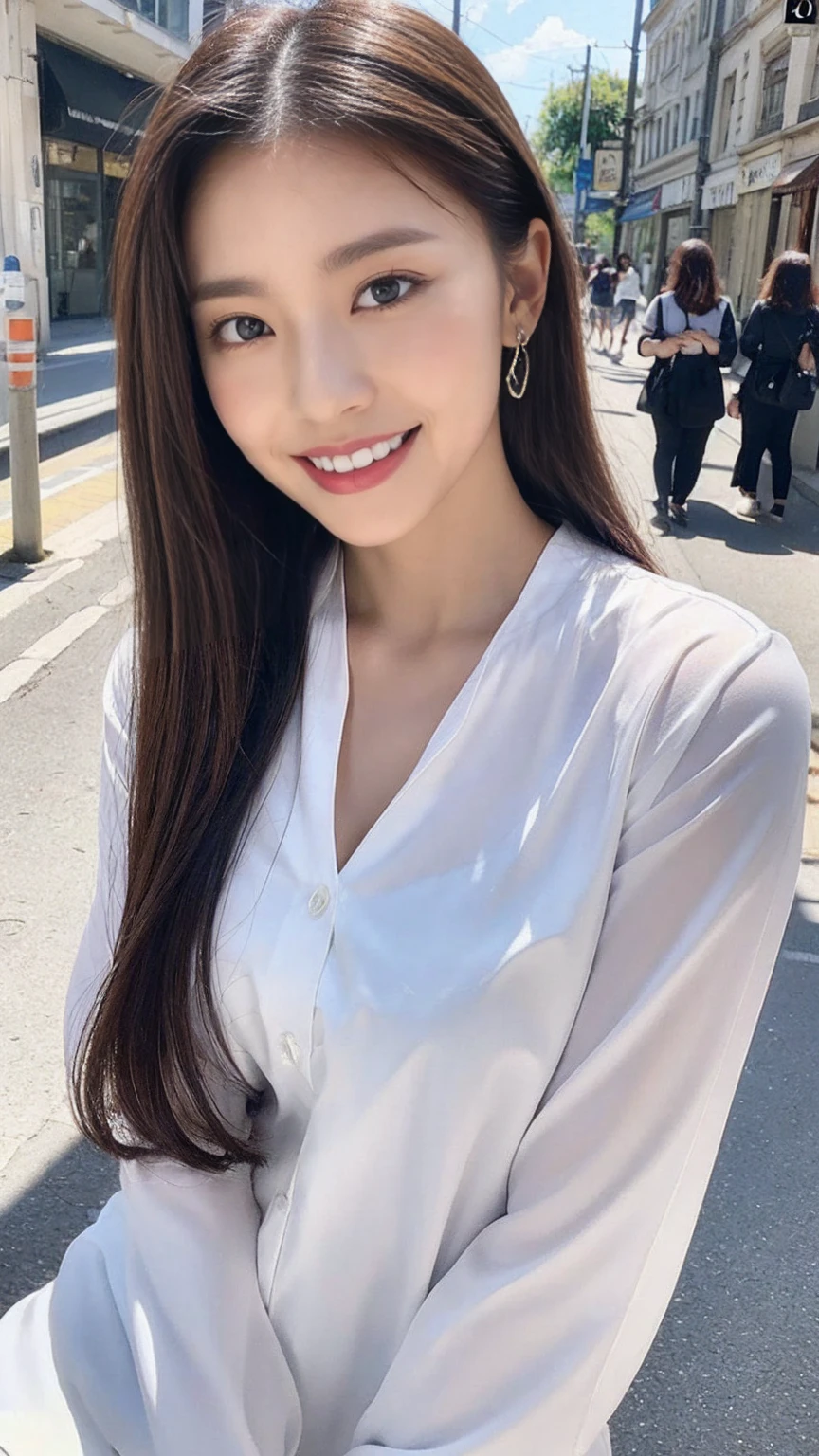 RAW Photos, looking at the camera, ((Highest quality, 8K, masterpiece: 1.3)), Sharp focus: 1.2, White shirt, Beautiful Features, The best smile, Cute Smile, Beautiful woman with perfect style: 1.4, Slim Abs: 1.2, Dark brown hair, (Natural light, City Street: 1.1), Highly detailed face and skin texture, Fine grain, double eyelid