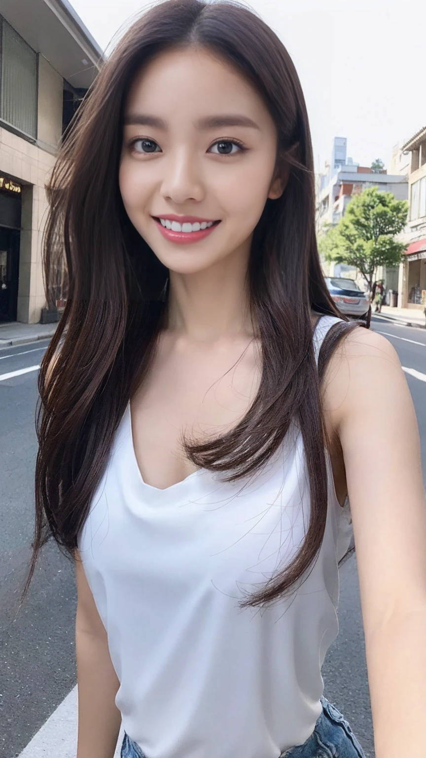 RAW Photos, looking at the camera, ((Highest quality, 8K, masterpiece: 1.3)), Sharp focus: 1.2, White shirt, Beautiful Features, The best smile, Cute Smile, Beautiful woman with perfect style: 1.4, Slim Abs: 1.2, Dark brown hair, (Natural light, City Street: 1.1), Highly detailed face and skin texture, Fine grain, double eyelid