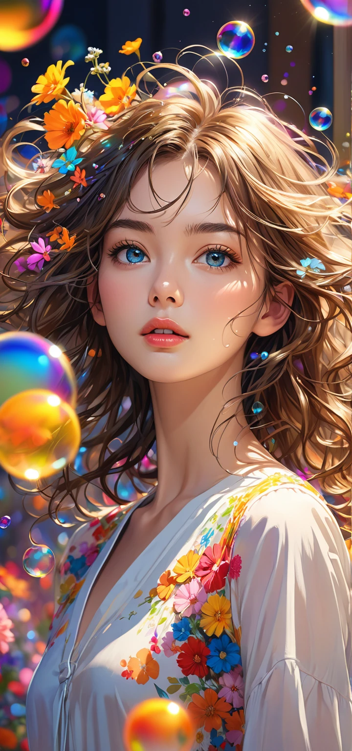 (masterpiece), (best quality), (Super detailed),(Messy hair),(illustration), (1 person), permanent, fashion model, Looking at the audience, (interview), (Detailed background),Beautiful and delicate eyes, Delicate and beautiful face, floating,(High Saturation),(Colorful splash),Colored bubbles,(shining), Focus on the face, Floating flowers, Floating hair, (shining), Optimal lighting, The best shadow, Only 1 bad