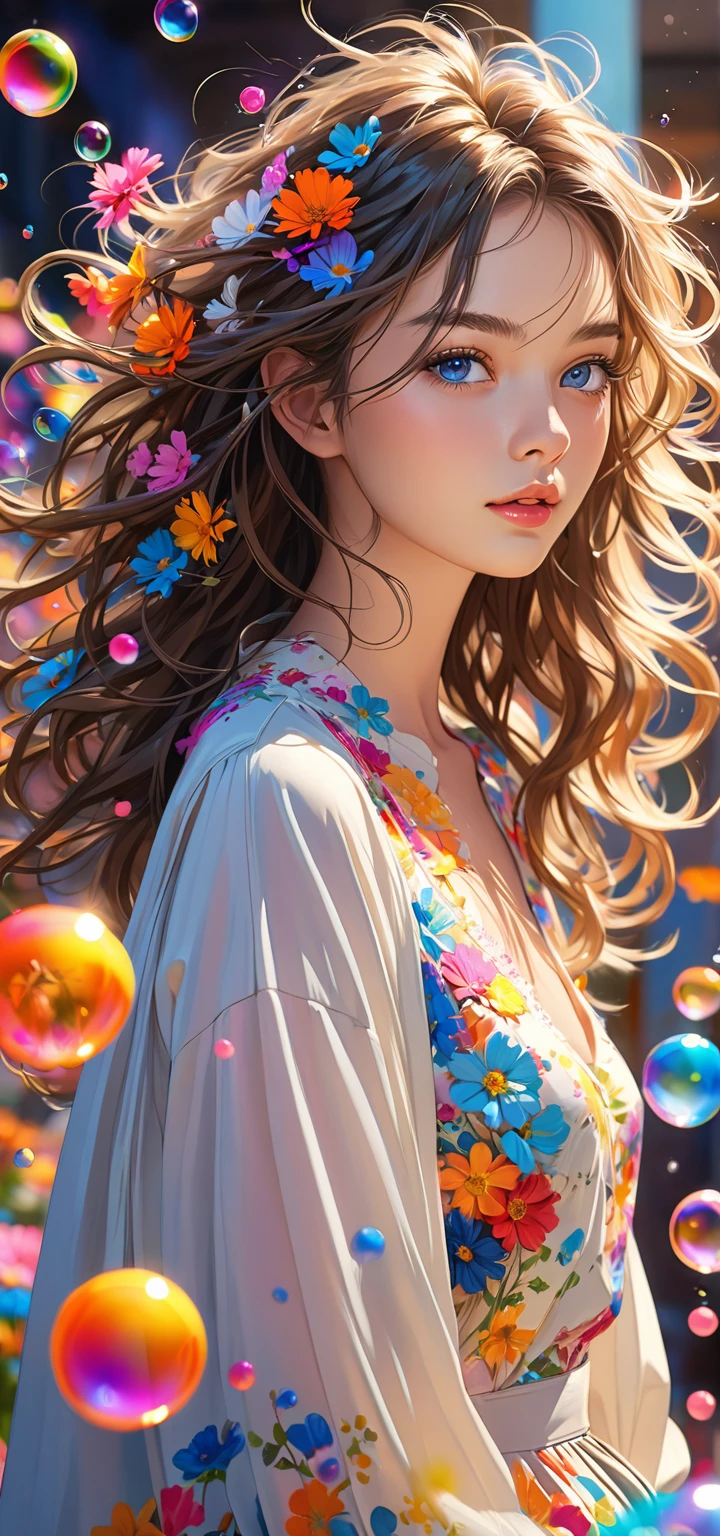 (masterpiece), (best quality), (Super detailed),(Messy hair),(illustration), (1 person), permanent, fashion model, Looking at the audience, (interview), (Detailed background),Beautiful and delicate eyes, Delicate and beautiful face, floating,(High Saturation),(Colorful splash),Colored bubbles,(shining), Focus on the face, Floating flowers, Floating hair, (shining), Optimal lighting, The best shadow, Only 1 bad