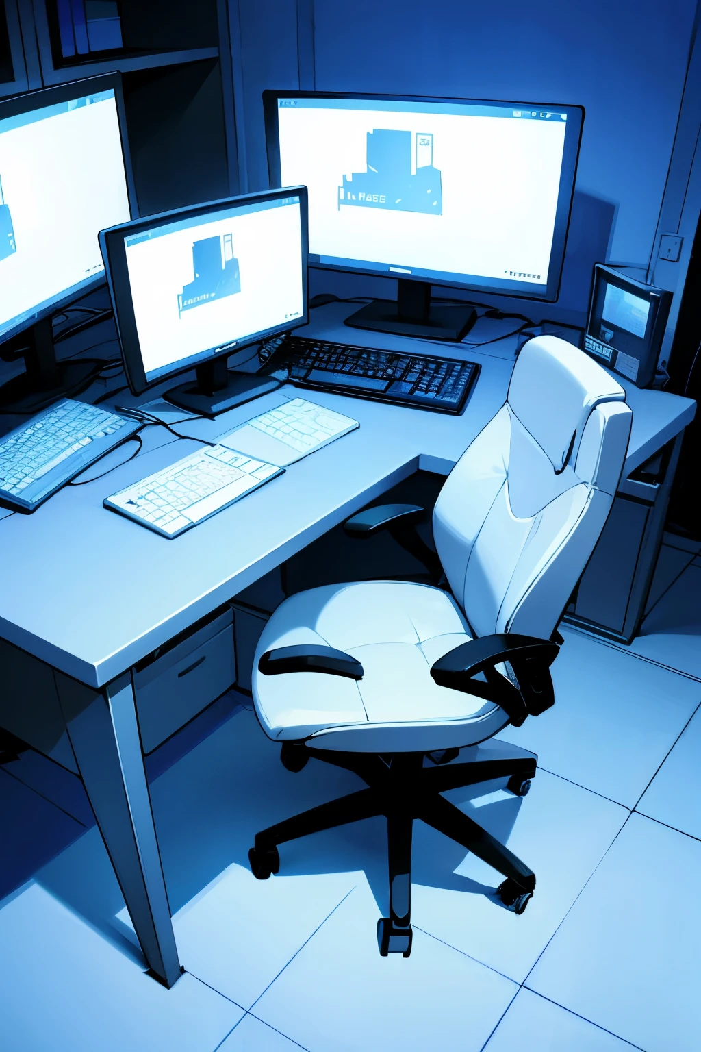 Theme: Working from home design: Image of a fully equipped home desk, such as a laptop., Optional monitor, and a comfortable work chair The main colors are blue and white. To demonstrate convenience and efficiency in work