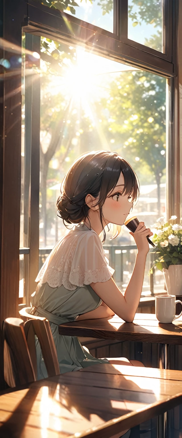 June heatwave,Beautiful girl enjoying the coolness in the cafe,There is a cup of ice coffee on the wooden table(Look out the window with your whole head.The moment the sun shines)Surrounded by the dazzling afternoon sun, shadow and shade textures,The whole scene looks lazy and romantic, Effortlessly elegant aesthetics.。Cafe bokeh background