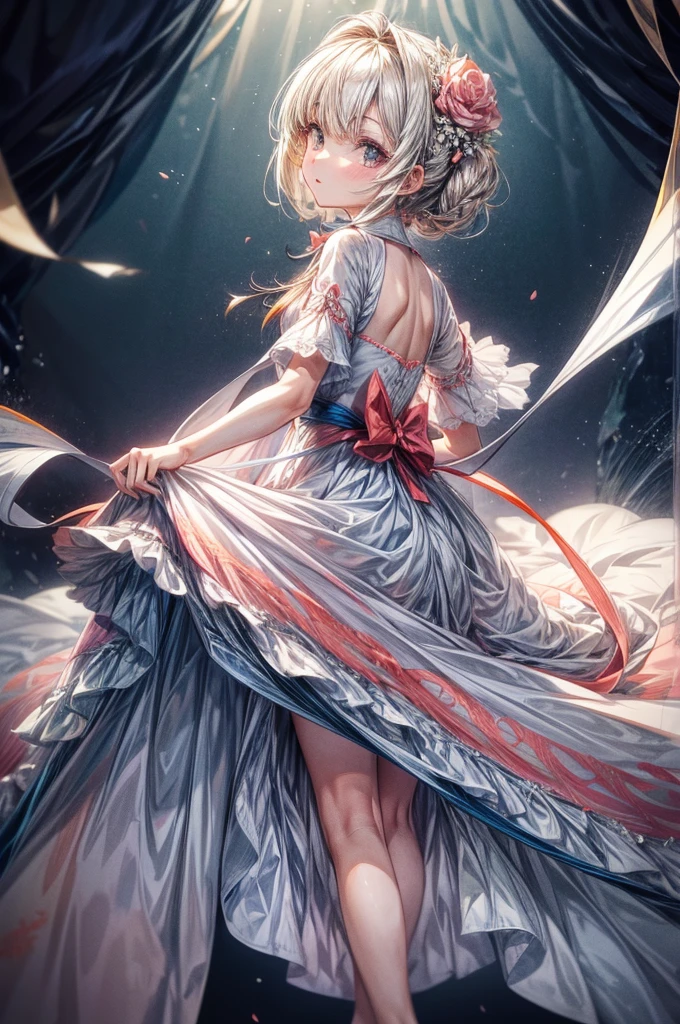 Design paper, girl, stunning long white decorated dress, with peach and navy blue edges