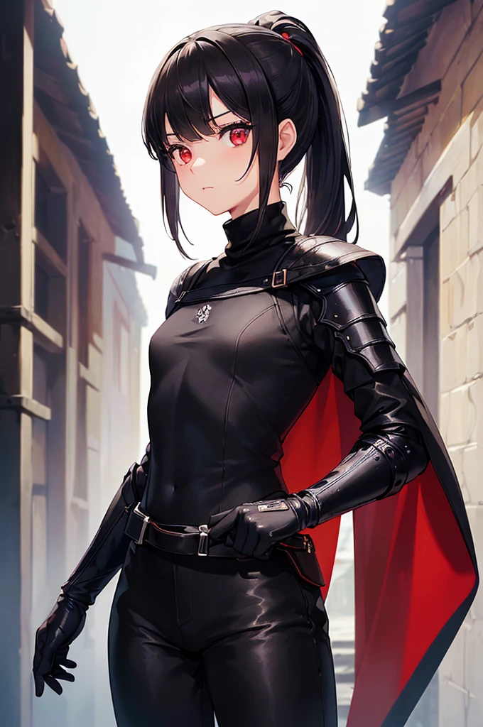 (masterpiece; best quality: 1.2), (finely detailed eyes: 1.3), ((10 year old female ???)), ((solo)), (red eyes: 1.4), (body; short, slender: 1.3), (black hair in ponytail: 1.3), (beautiful and clear background: 1.2), ((depth of field)), (clothes: assassin attire + black turtleneck + black pants + small black cape + black gloves + light armor + satchel: 1.3), (anime illustration: 1.2), (background; medieval alleyway: 1.1), (extremely fine and beautiful: 1.1), (shot composition; standing + centered on torso + close-up: 1.5), (expression; calm, stoic: 1.2)