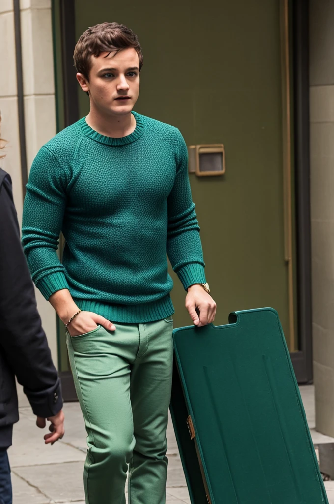 Man wearing green sweater, Blue pants, Josh Hutcherson