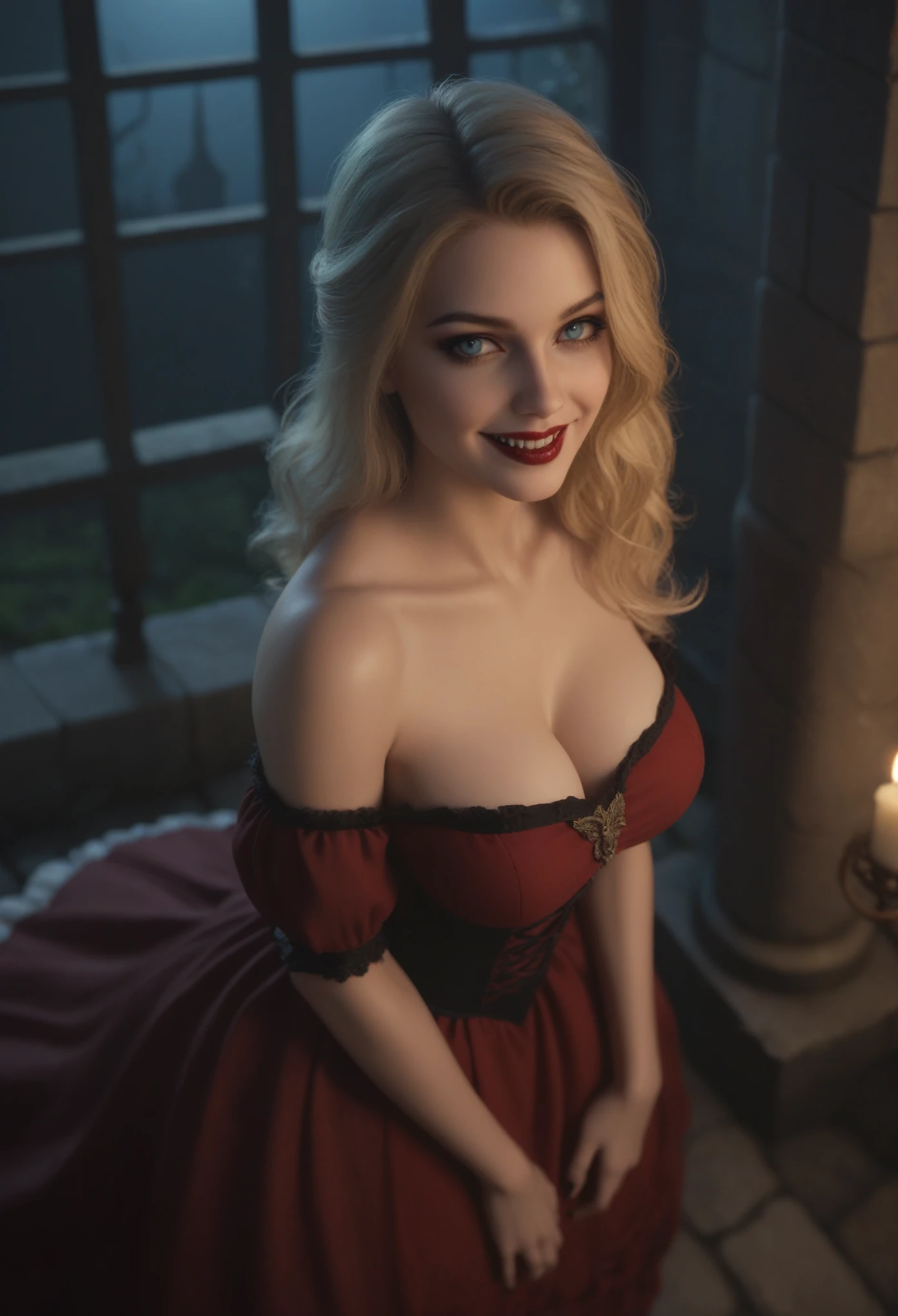 score_9, score_8_above, score_7_above, 1girl, large_breasts, royal_garden, medieval_castle, elegant_green_dress, off_shoulder_dress, evil_smile, cute_woman, blonde, long_hair, side view, from_above, night, moonlight, cinematic film still, RAW photo, perfect lighting, volumetric lighting, Galadriel, stuning, goddess, (vampire:1.5), blue_eyes
