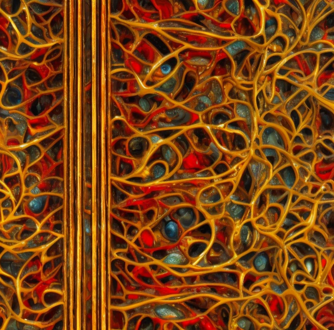  an intricate circulatory system made of chromed steel, titanium, vanadium and iron, originating from a  red steel heart , dominant yellow and orange color tonality, growing on a fractal background, brilliant colours, masterpiece, highly detailed, 4k resolution,  3d modelling, digital art