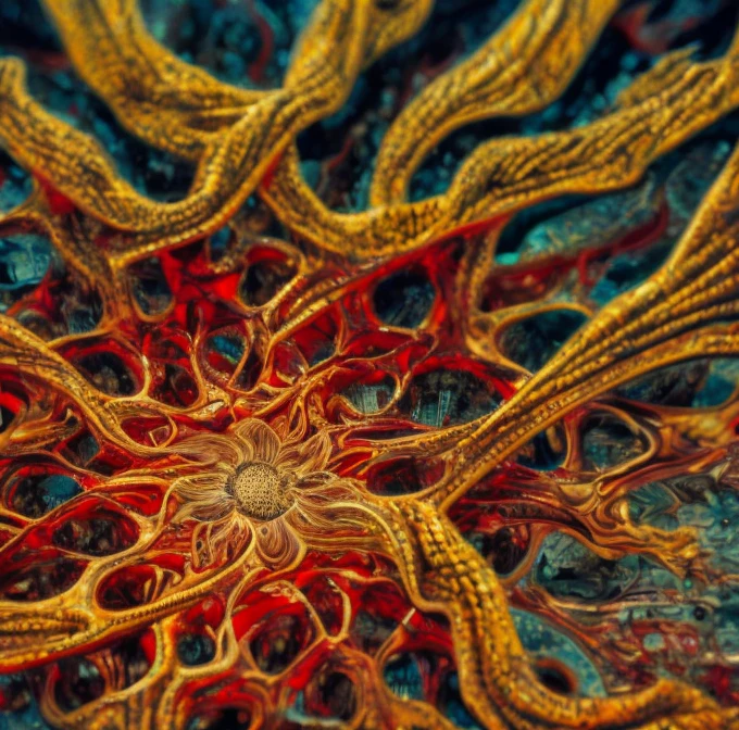  an intricate circulatory system made of chromed steel, titanium, vanadium and iron, originating from a  red steel heart , dominant yellow and orange color tonality, growing on a fractal background, brilliant colours, masterpiece, highly detailed, 4k resolution,  3d modelling, digital art