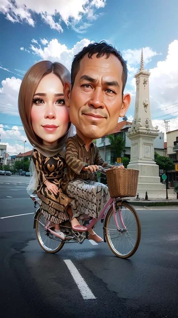 3D cartoon caricature,a , a husband and wife 50 years old wearing traditional Javanese clothes brown and black striped batik motif, riding a bicycle together, husband is in front riding the bicycle, wearing a white batik sarong with black batik motif, full body, posing charmingly, , HDR plus, full ultra HD detail. Portrait, realistic cartoon, cartoon art, Indonesian.