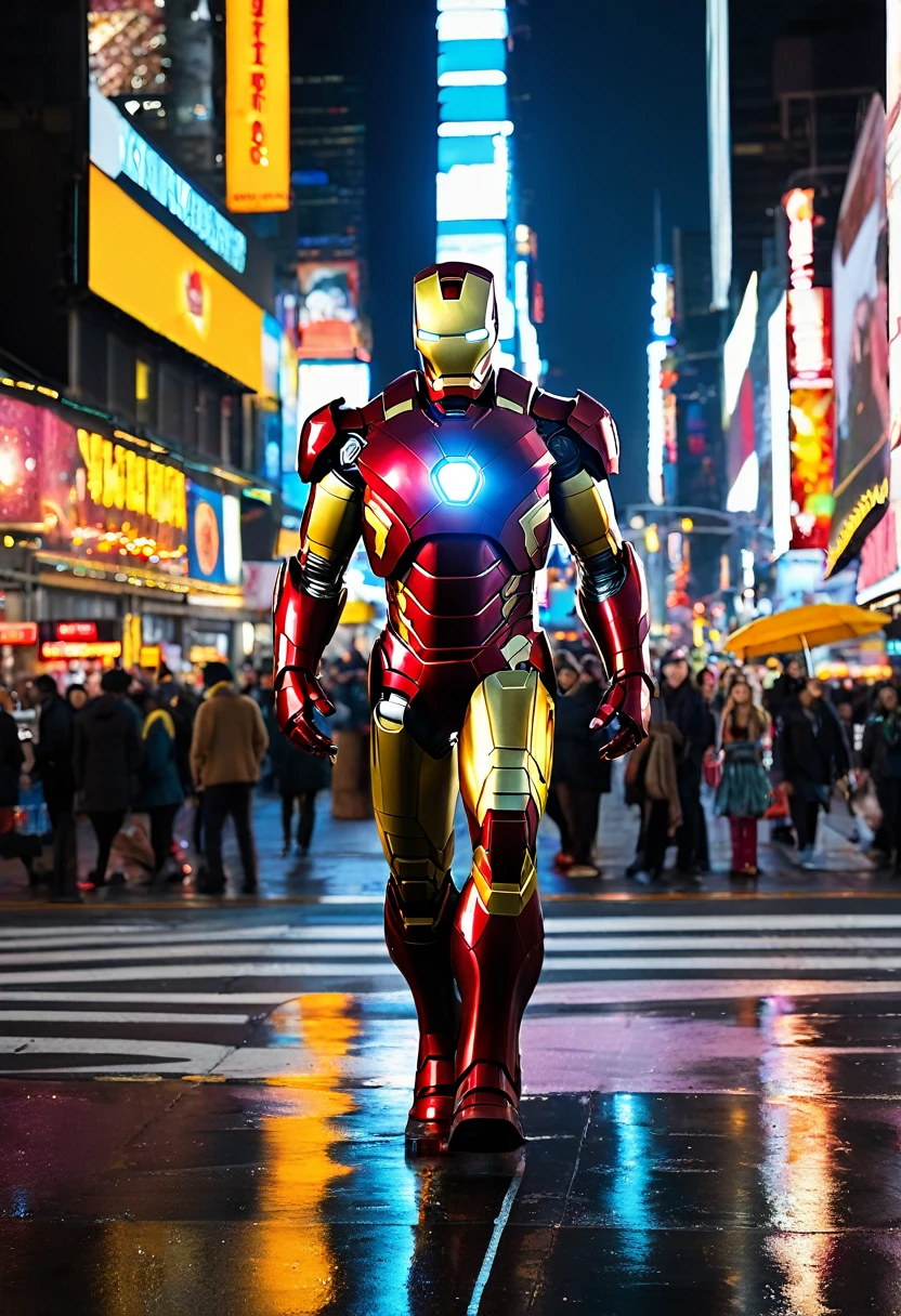 Sure, here is a detailed prompt for creating an image of a miniature Iron Man walking around a lit-up New York City at night:
---
A miniature Iron Man, standing about a foot tall, is walking through the bustling streets of New York City at night. The city is alive with lights, from the glowing billboards in Times Square to the warm lights of the storefronts and the soft glow of street lamps. Iron Man's suit is gleaming in the lights, reflecting the vibrant colors around him. His arc reactor and eyes are glowing brightly, adding to the vivid illumination. People around him are much taller, giving a sense of his small size, but they are going about their business, some glancing down curiously. Skyscrapers tower above, their windows lit up like a sea of stars, and the sky is a deep, velvety blue with a hint of clouds. Cars and taxis are zooming past, their headlights creating streaks of light. The overall scene is lively, colorful, and full of energy, with Iron Man confidently striding through the iconic cityscape.
---