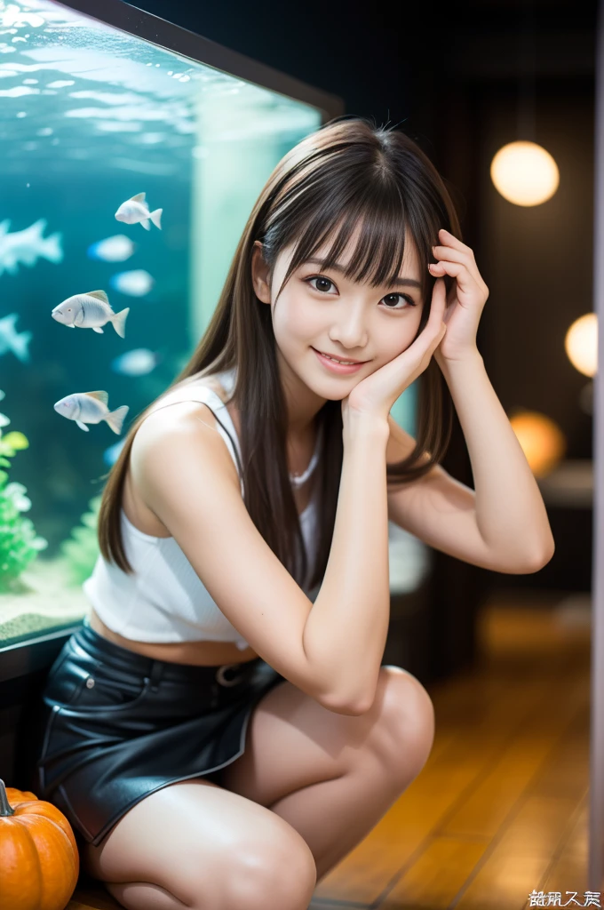 In 8K,highest quality:1.4, 超A high resolution:1.5, (Realistic:1.4),masterpiece:1.2,(highest quality:1.4)、 RAW Photos、(The background is blurred), Aquarium、Full Body Shot:1.5、 1 Japanese girl, cute, (alone), (A shy smile), Smooth Skin、(30 years old:1.4)、stand、Check mini skirt、cute mini skirt、 (Brown medium hair,bangs), (Touching your hair:1.4)、Nogizaka、cute、Flexible fingertips,Beautiful dark eyes、Natural skin texture:1.3, Realistic eye and facial details:1.7、Mid-breasted、Staring at the audience、Beautiful feet、autumn's、Long sleeve、Aquarium