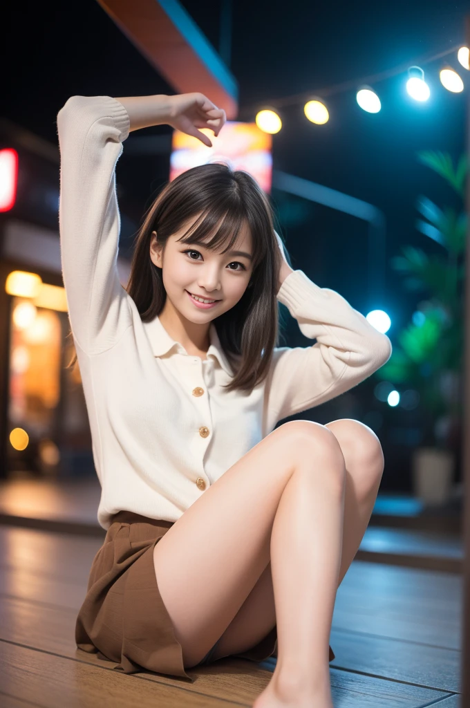 In 8K,highest quality:1.4, 超A high resolution:1.5, (Realistic:1.4),masterpiece:1.2,(highest quality:1.4)、 RAW Photos、(The background is blurred), Aquarium、Full Body Shot:1.5、 1 Japanese girl, cute, (alone), (A shy smile), Smooth Skin、(30 years old:1.4)、stand、Check mini skirt、cute mini skirt、 (Brown medium hair,bangs), (Touching your hair:1.4)、Nogizaka、cute、Flexible fingertips,Beautiful dark eyes、Natural skin texture:1.3, Realistic eye and facial details:1.7、Mid-breasted、Staring at the audience、Beautiful feet、autumn&#39;s、Long sleeve、Aquarium