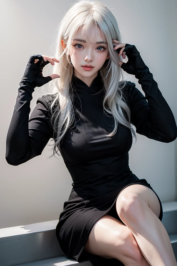 Light white hair, ocean eyes, black dress futuristic whit detailsdetails in white, vivid colors, paint splash, simple background, ray tracing, wavy hair with Chinese bangs, fingerless gloves, black leg warmers