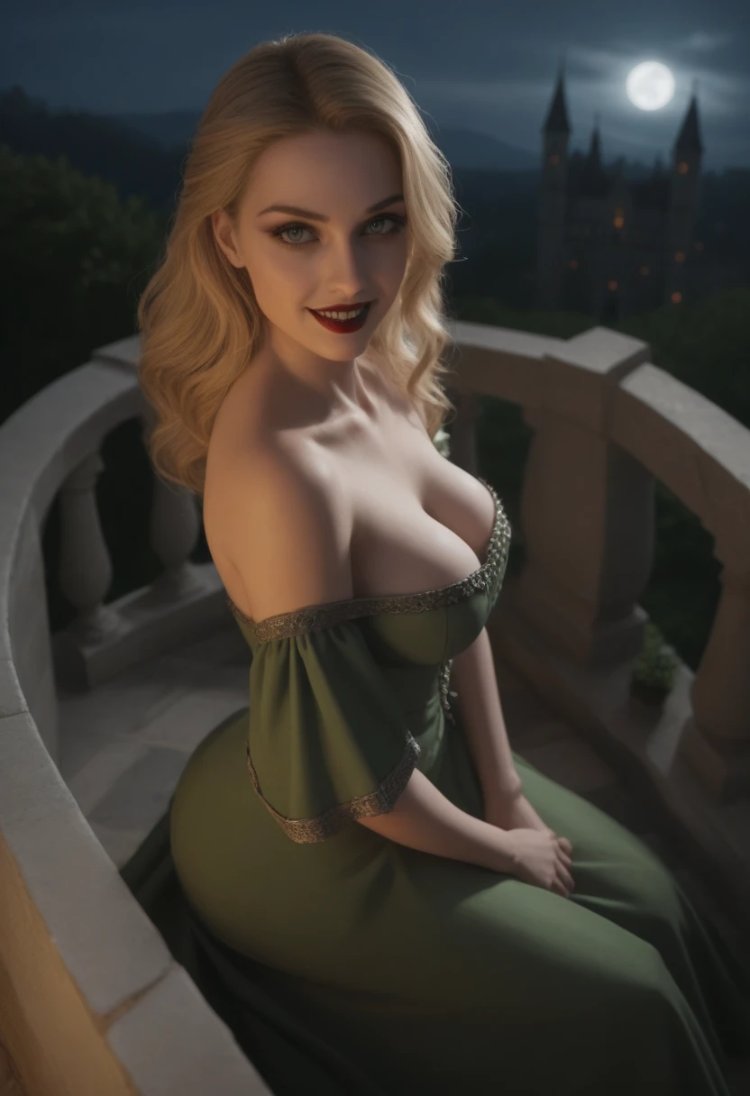 score_9, score_8_above, score_7_above, 1girl, large_breasts, royal_garden, medieval_castle, elegant_green_dress, off_shoulder_dress, evil_smile, cute_woman, blonde, long_hair, side view, from_above, night, moonlight, cinematic film still, RAW photo, perfect lighting, volumetric lighting, Galadriel, stuning, goddess, (vampire:1.5), blue_eyes
