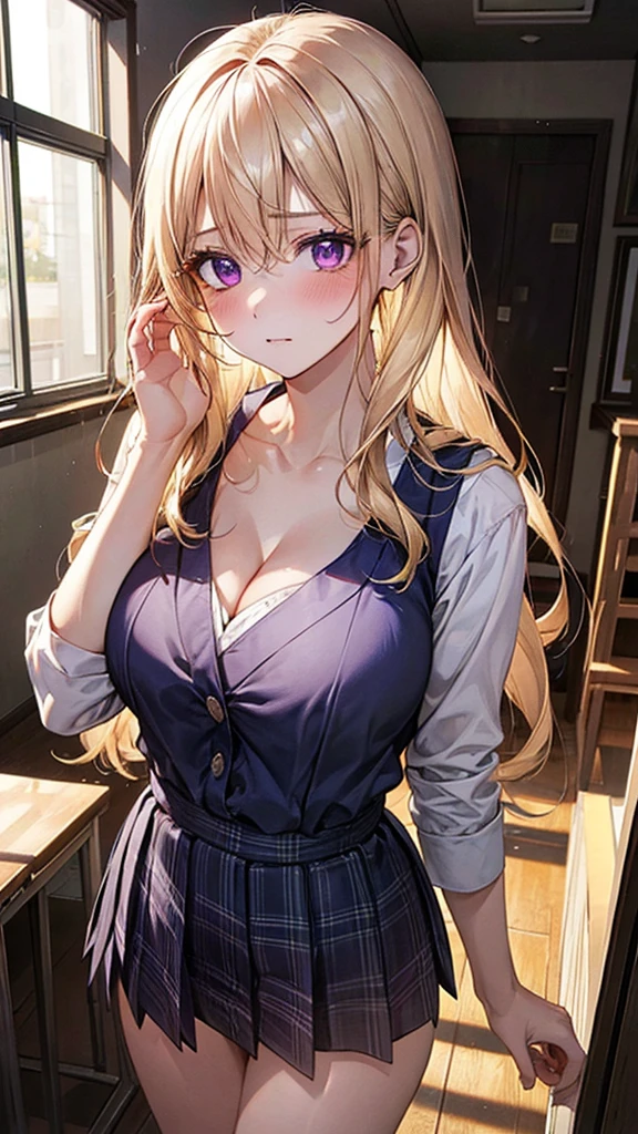 ((Highest quality)), ((High resolution)), ((masterpiece)), (detailed), (photograph),
View your audience, Cowboy Shot, Written boundary depth, Anatomically correct, 1Directly mature women, Perfect Face, Cute and symmetrical face, Shiny skin,
(Long Hair, Blonde), Hair between the eyes, Purple eyes, Long eyelashes, (Big Breasts:1.2),
Beautiful details, Beautiful Hair, Beautiful Face, Beautiful clavicle, Beautiful body, Beautiful breasts, Beautiful thighs, Beautiful feet, Cleavage,
(日本のkindergartenの制服),
(Beautiful views), kindergarten, School, (Troubled face),