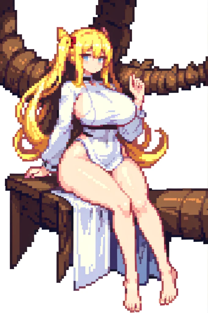 sitting,very tall woman,very big woman,gigantic woman,very muscle,{{long legs}},devil,{{muscular}},{{gigantic breasts}} ,{{curvy}},twintails,blonde hair ,white dress,barefoot,brown skin,masterpiece , best quality , pixel art , 1 girl ,{full body},voluptuous,white background