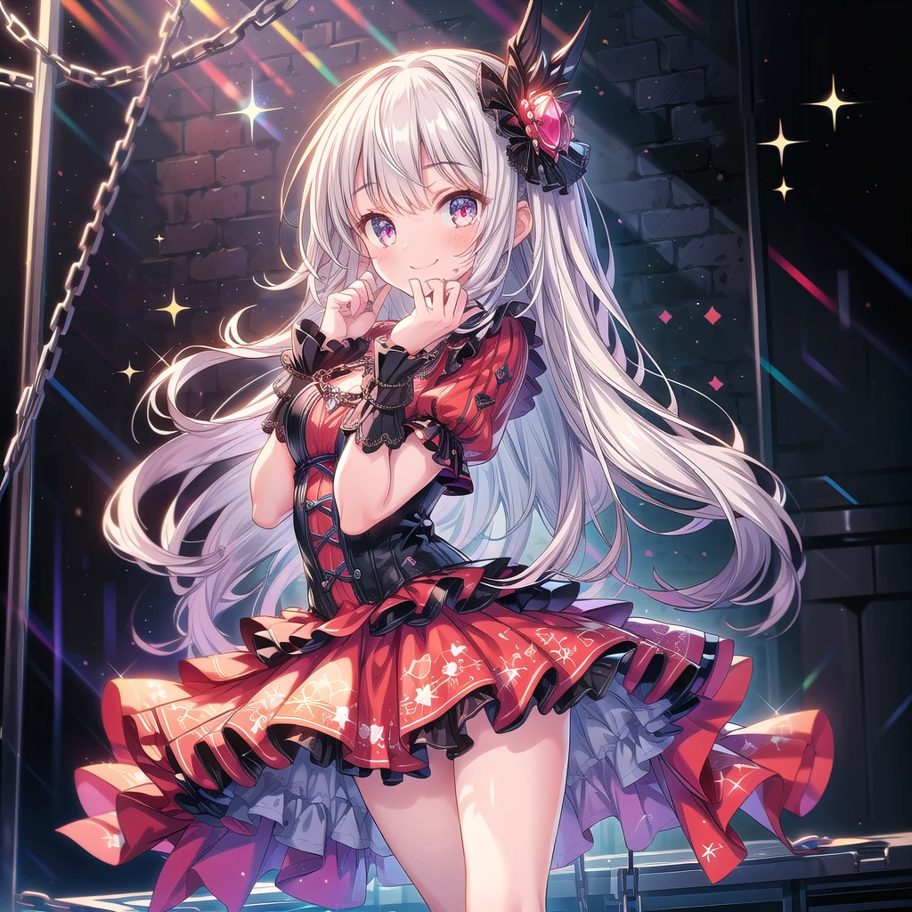 score_9, score_8_superior, score_7_superior, sauce_anime,masterpiece, Highest quality, High resolution, Highly detailed CG, Absurd, One girl, alone, Cool girl in gothic lolita outfit posing in palace, mini skirt, Frills, 黒 and red outfit,((smile), Put your hands on your face, Spread your hands, Spread your legs, Standing on the floor, ruby👁️‍‍🗨️,white_hair, ((two_side_superior)), Chained, many chains in background, dark_background, Black Palace, Midnight, indoor, (extremely detailed background:1.6), Details 1, Bright colors
