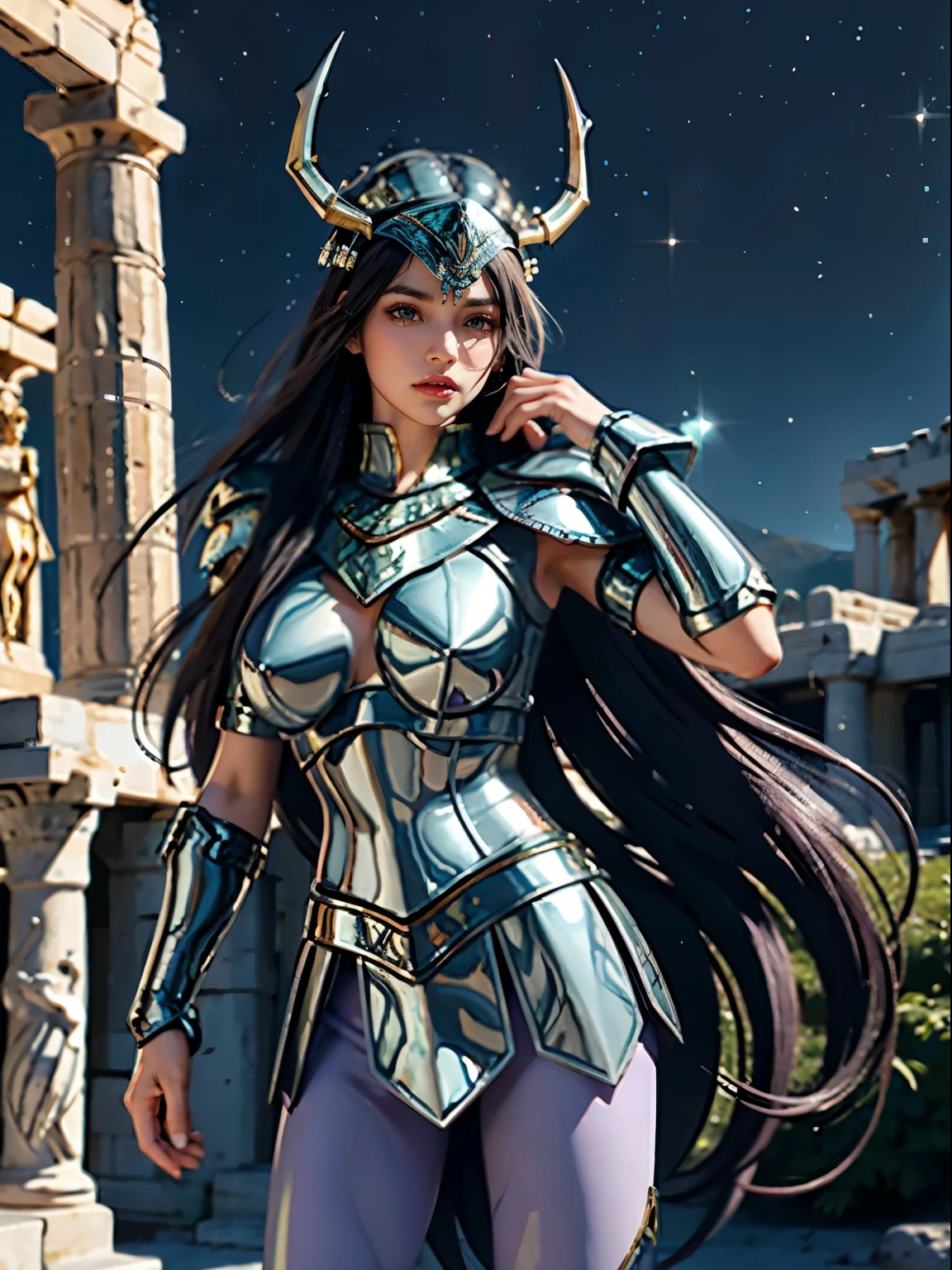 masterpiece, best quality, ultra high res, realistic skin texture, armature, (photorealistic:1.4), high resolution, raw photo, shiny skin, realistic skin texture, best lighting, sparkle, dramatic lighting, dynamic pose, (greek temple background:1.3), night sky, cosmos, milky way, 1girl, (medium breast:1.1), balanced eyes, Dragon Shiryu wearing green silver armor, purple pants, purple short sleeve shirt, wearing dragon helmet, roman skirt plate, (breast plate:1.5), very long hair, shield, cleavage,