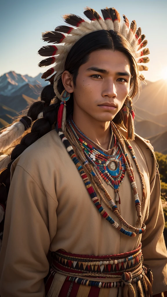 Native american young man, detai face, traditional cloth, highly detail, hyper realistic, sharp focus, mountain backgtound, evening sunshine, photo realistic, close-up,