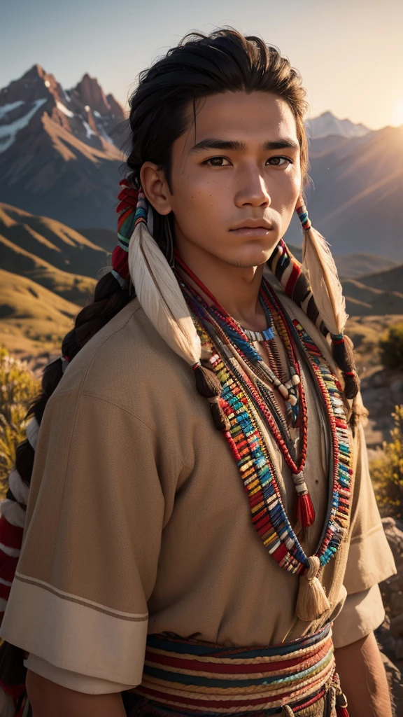 Native american young man, detai face, traditional cloth, highly detail, hyper realistic, sharp focus, mountain backgtound, evening sunshine, photo realistic, close-up,
