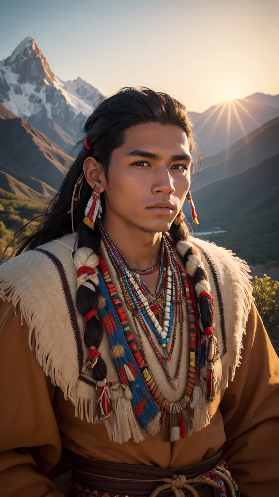 Native american young man, detai face, traditional cloth, highly detail, hyper realistic, sharp focus, mountain backgtound, evening sunshine, photo realistic, close-up,