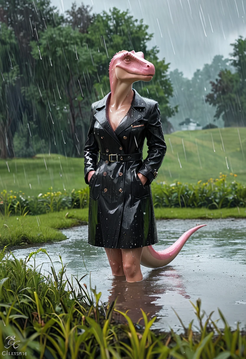 Sexy pink dinosaur wearing a black trench coat,(No humans),E7E48U,Wet body,rain, Background grassland
