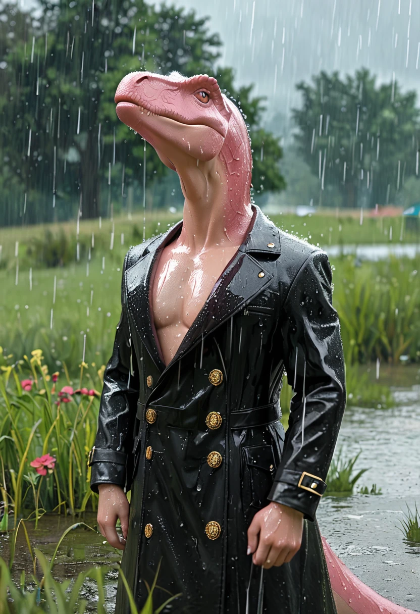 Sexy pink dinosaur wearing a black trench coat,(No humans),E7E48U,Wet body,rain, Background grassland