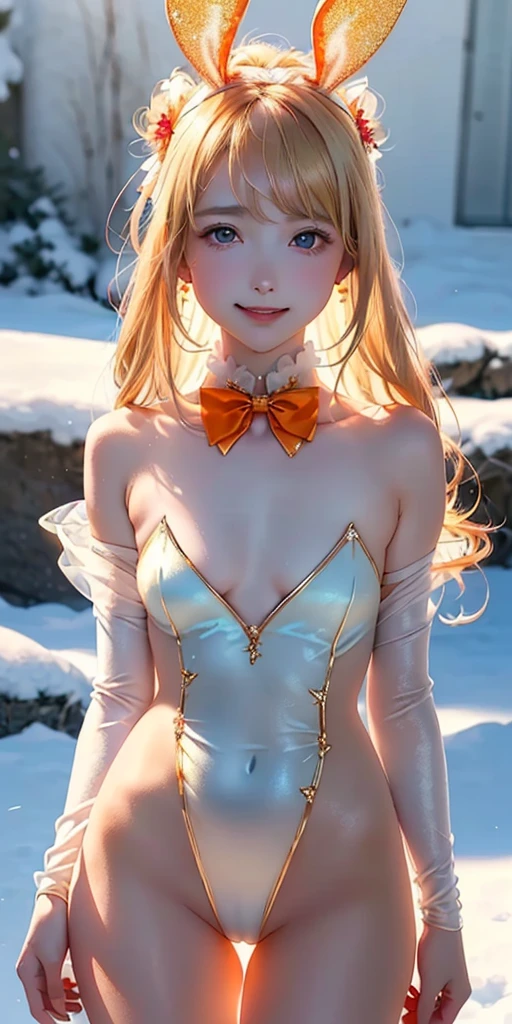 masterpiece, best quality, extremely detailed CG unity 8k wallpaper,((Upper Body)) ,((Upper Body head close-up shot of a beautiful little girl)), , Elegant Long straight blonde hair, (Mckenna Grace), ((flat chest,thighs,Autoluminescence skin)), (pink-green) golden (Glittering tutu,long Bunny Ear Headgear, , Bow-tie, No panties, genitals visible), ((spread legs)),(), (Blush), , (seductive smile), (A world of ice and snow), pretty face, key art, award winning, intricate detail realism hdr, by (ruan jia and artgerm and range murata), Photorealism, Hyperrealism, ultra realistic, dramatic light, intense shadows, gorgeous view, depth of field