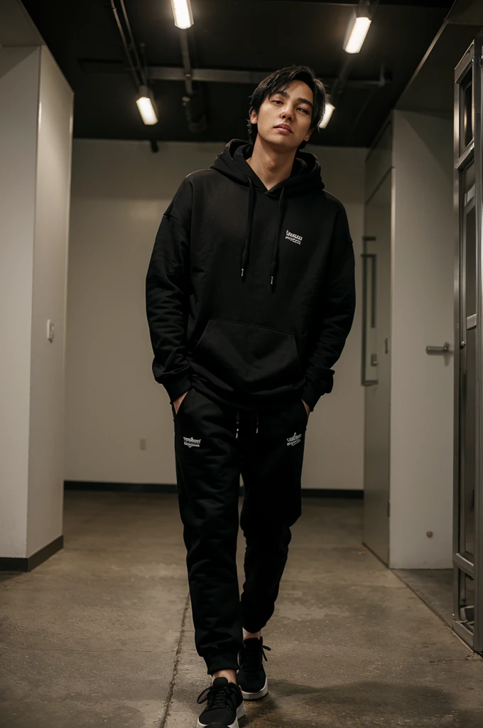 Man wearing black hoodie, black pants, black hair, looking up, full body