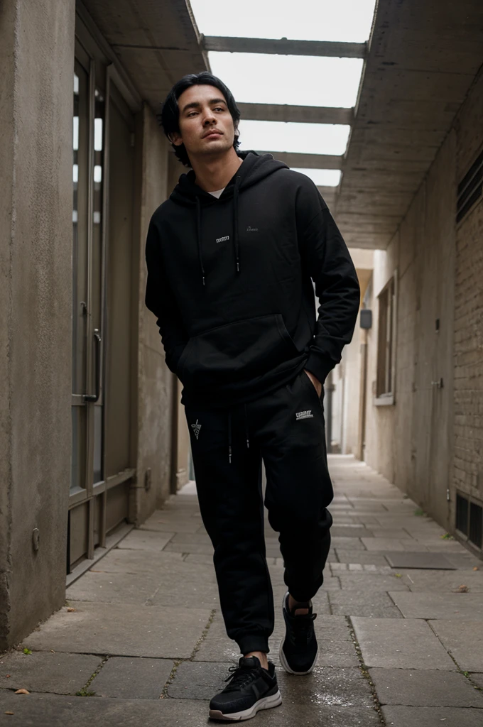 Man wearing black hoodie, black pants, black hair, looking up, full body