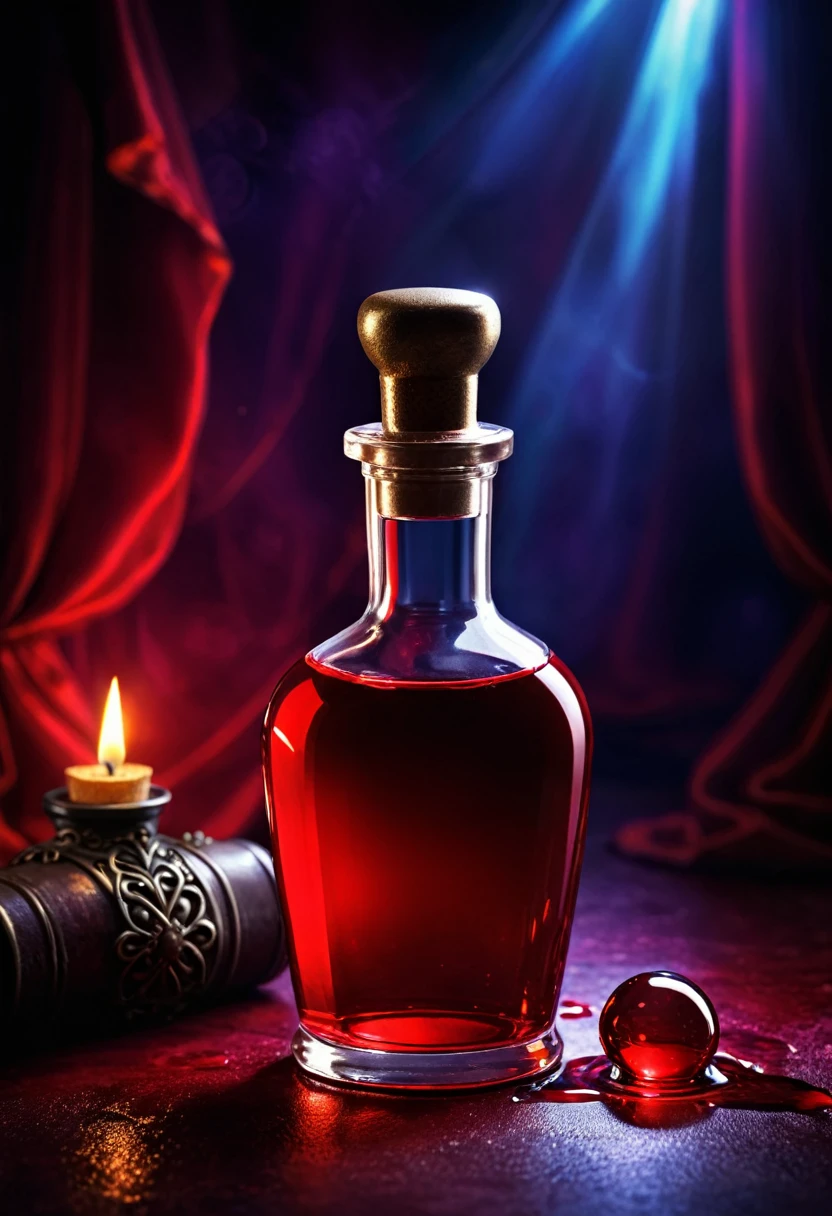 Potion bottle, Red liquid, professional lighting, fantasy background, 