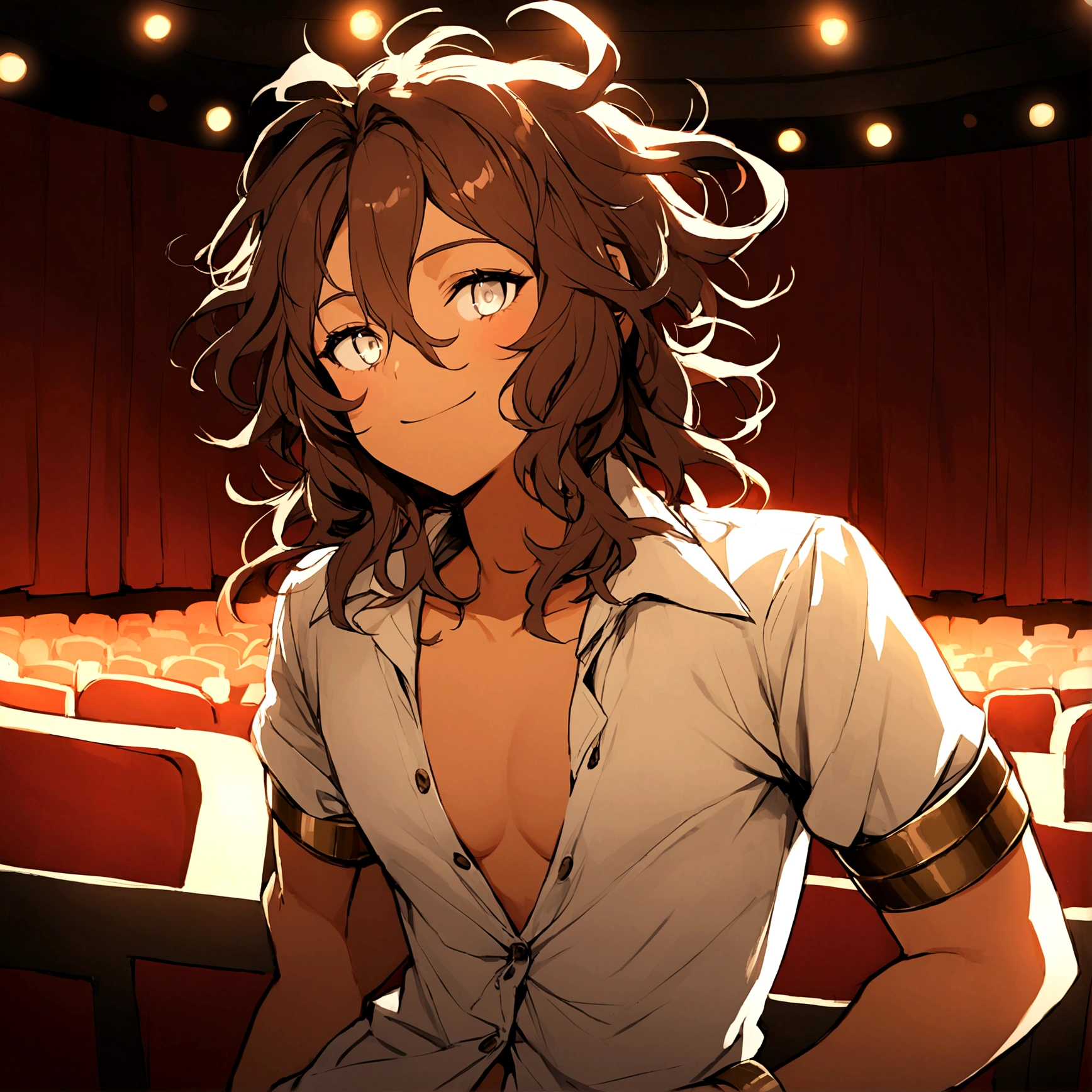 young, thoughtfully posing, charismatic smile, mesomorphic, robust, tall, light, warm and slightly tanned skin, playful look, white eyes, dark brown hair with golden and reddish highlights, straight and messy hair, white shirt with the first on unbuttoned, bronze wristbands, background with red curtains, theater venue, no audience