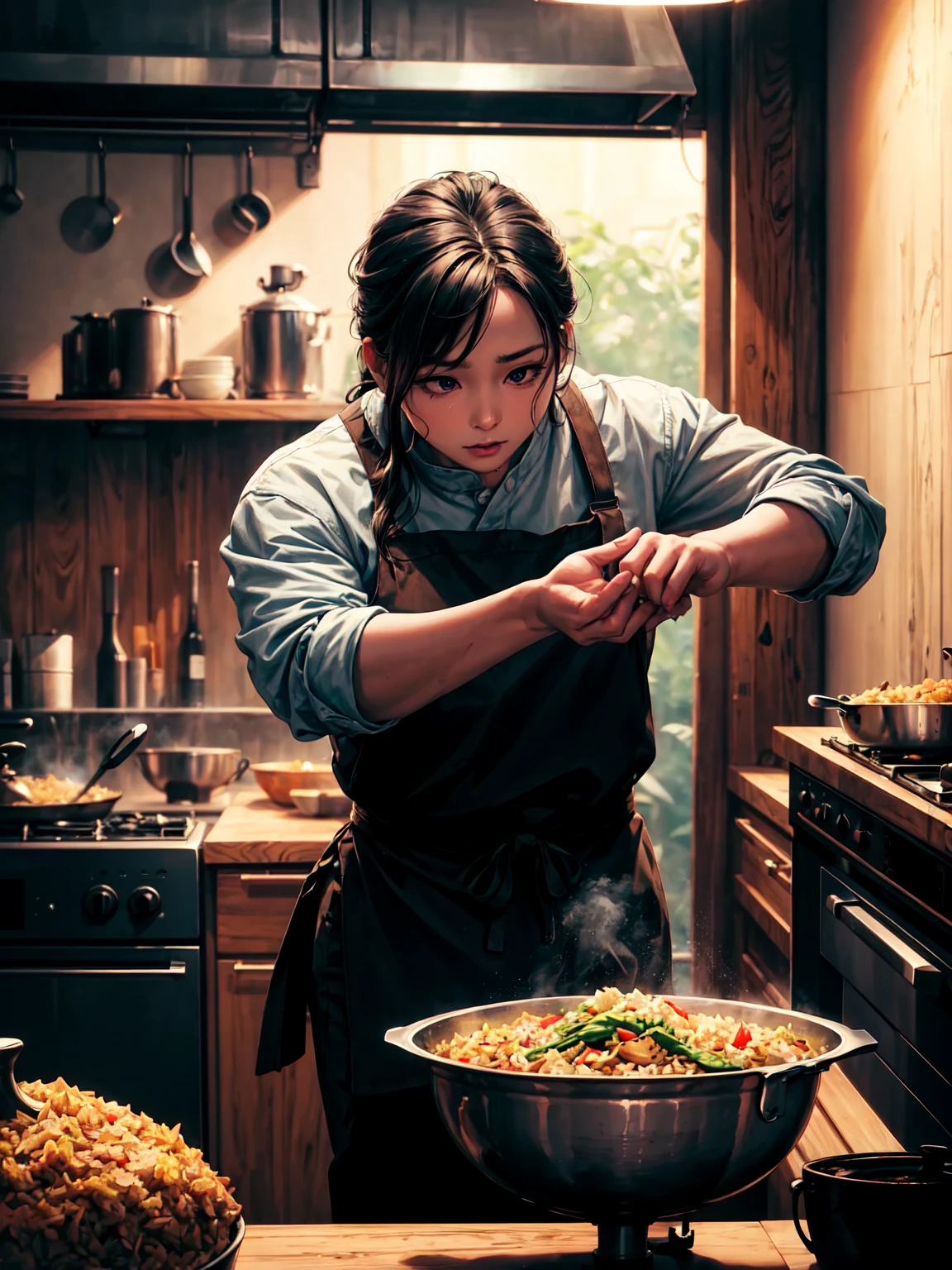 a detailed cooking scene, 1 chef cooking fried rice, beautifully detailed hands and face, intense focus expression, asian kitchen interior, steaming wok, fresh vegetables, vibrant colors, cinematic lighting, (best quality,8k,highres,masterpiece:1.2),ultra-detailed,realistic,photo-realistic:1.37,professional,studio lighting,cinematic composition,detailed textures,dynamic pose,dramatic shadows and highlights