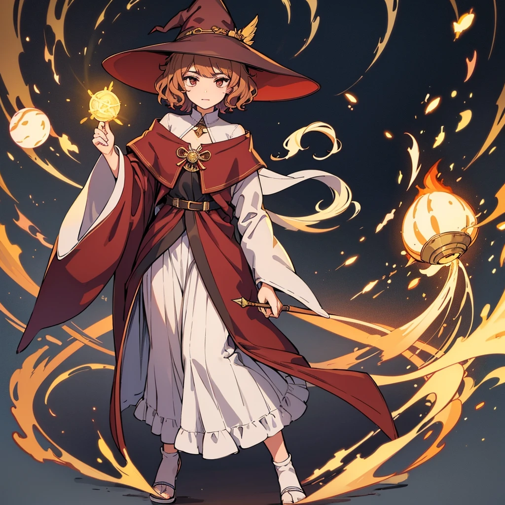 (((Solo)))、Highest quality, Best Quality,Best illustrations、(Various hair colors、Short Perm Hair、Wavy Hair、Short bangs、Align your bangs)、(Witch Hat、Brown robes)、(Grab the magic wand)、(The magic of light、Use magic)、(White background)、(Mature 50 Year Old、Adult women、Red eyeshadow)、(Full body character concept、detailed)、(Full body character concept、multiple)