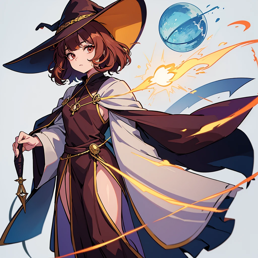 (((Solo)))、Highest quality, Best Quality,Best illustrations、(Various hair colors、Short Perm Hair、Wavy Hair、Short bangs、Align your bangs)、(Witch Hat、Brown robes)、(Grab the magic wand)、(The magic of light、Use magic)、(White background)、(Mature 50 Year Old、Adult women、Red eyeshadow)、(Full body character concept、detailed)、(Full body character concept、multiple)