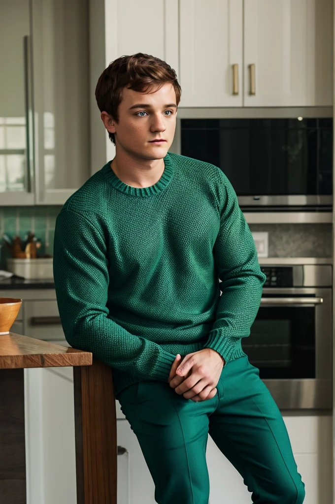 Man wearing green sweater, Blue pants, Josh Hutcherson, looking right, confuse