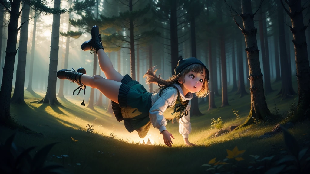 Little girl floating in the air,night,forest,mystery,alchemy,